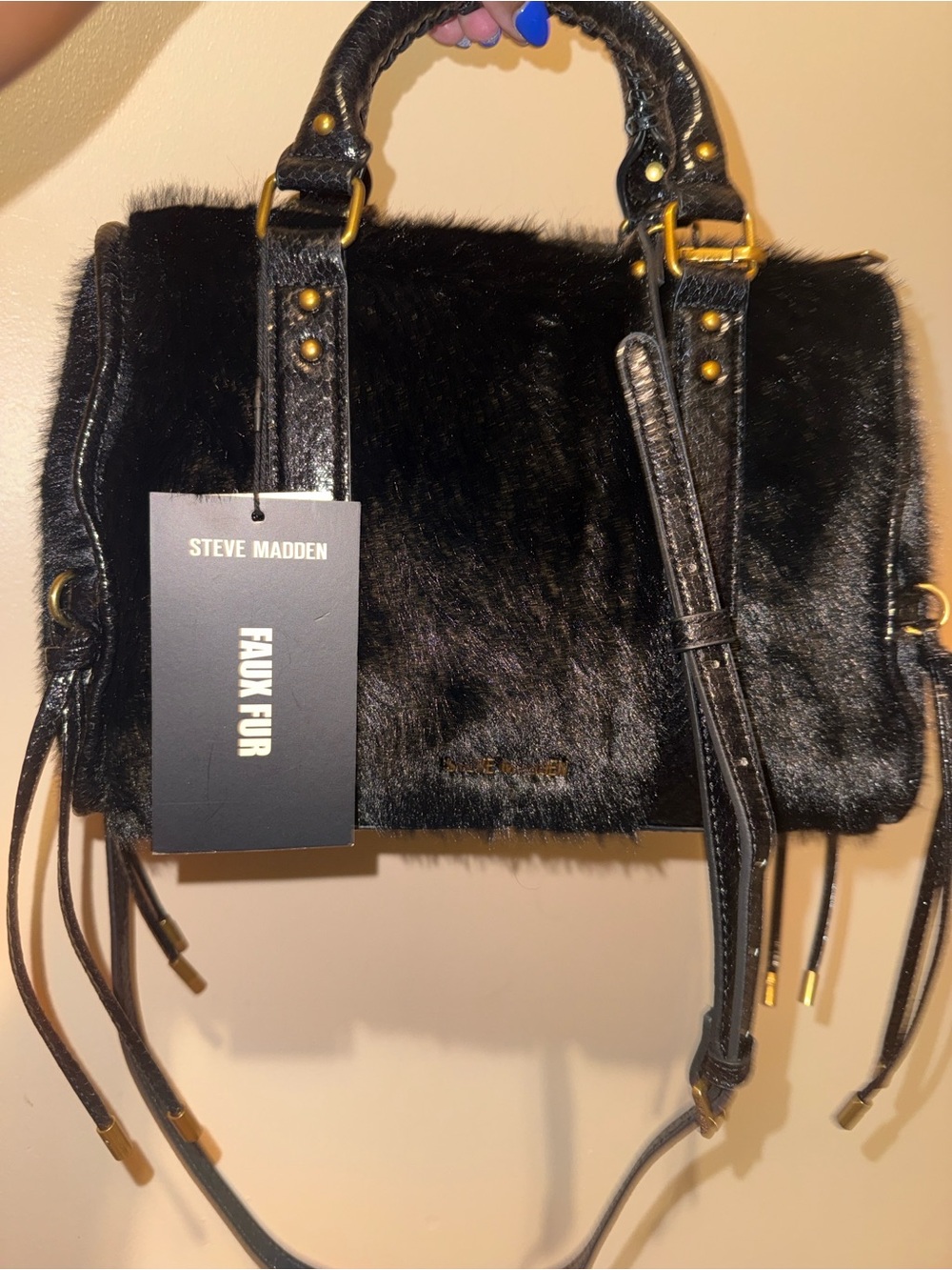 Steve Madden Black Brehenny Satchel faux fur hand bag with strap